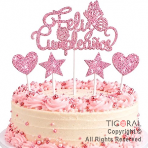 CAKE TOPPER FELIZ CUMPLEA�OS CON ESTRELLAS Y CORAZONES GIBRE ROSA
